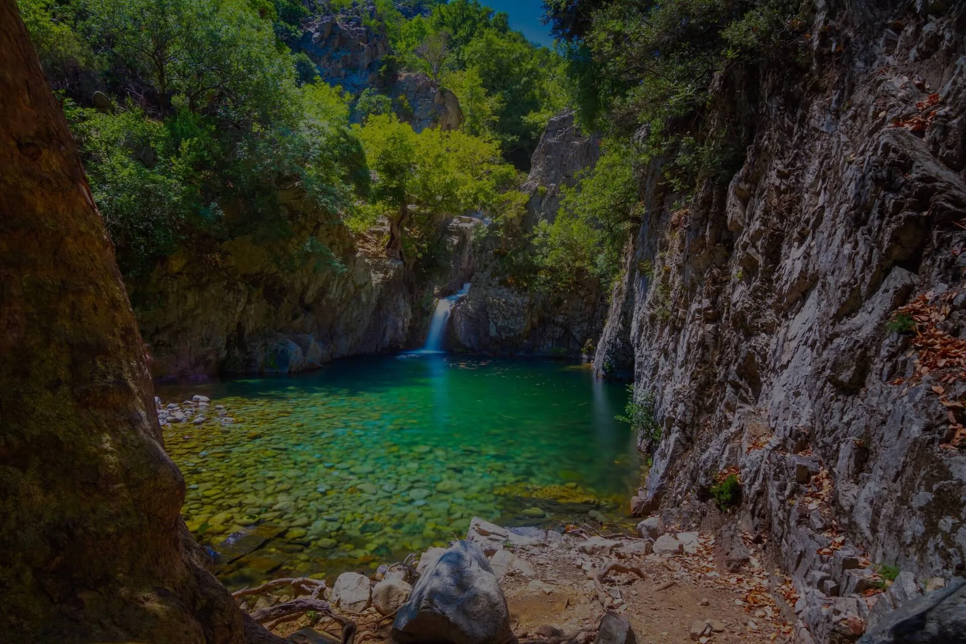 Best travel agency in Greece Une petite cascade se jette dans une piscine claire et turquoise entourée de falaises rocheuses et d'une verdure luxuriante, offrant aux voyageurs des expériences authentiques qui rendent les roadtrips à travers la Grèce inoubliables. Offbeat-Travel